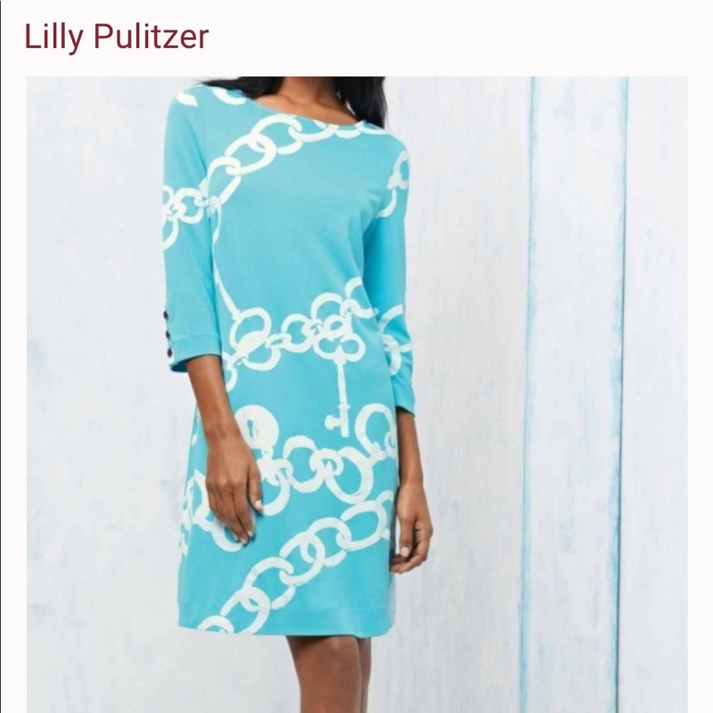 Lilly Pulitzer Blue and White Lock and Key 3/4 Sleeve Blue button dress